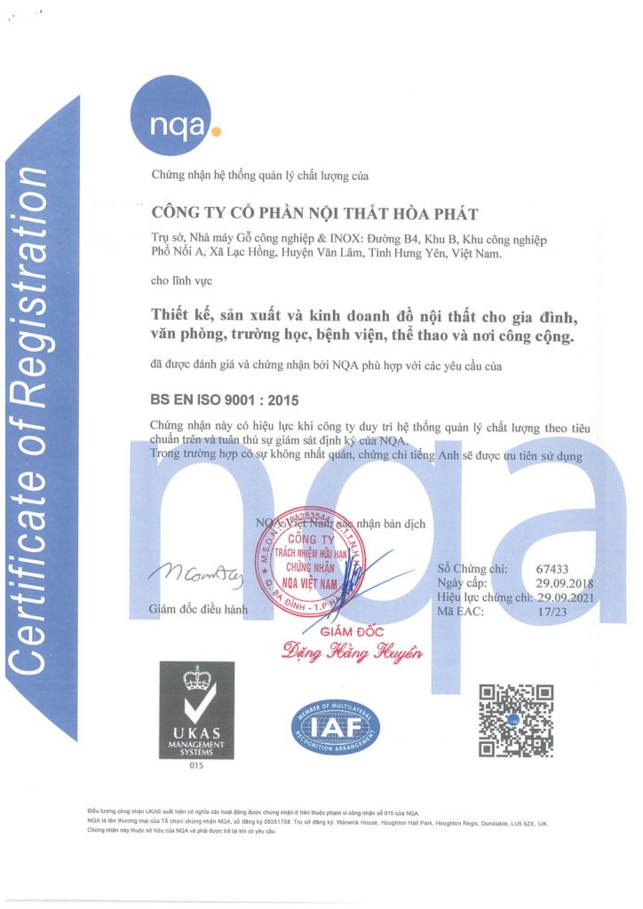 Tổ chức NQA cấp chứng chỉ ISO 9001:2015 và ISO 14001:2015 cho Nội thất Hòa Phát